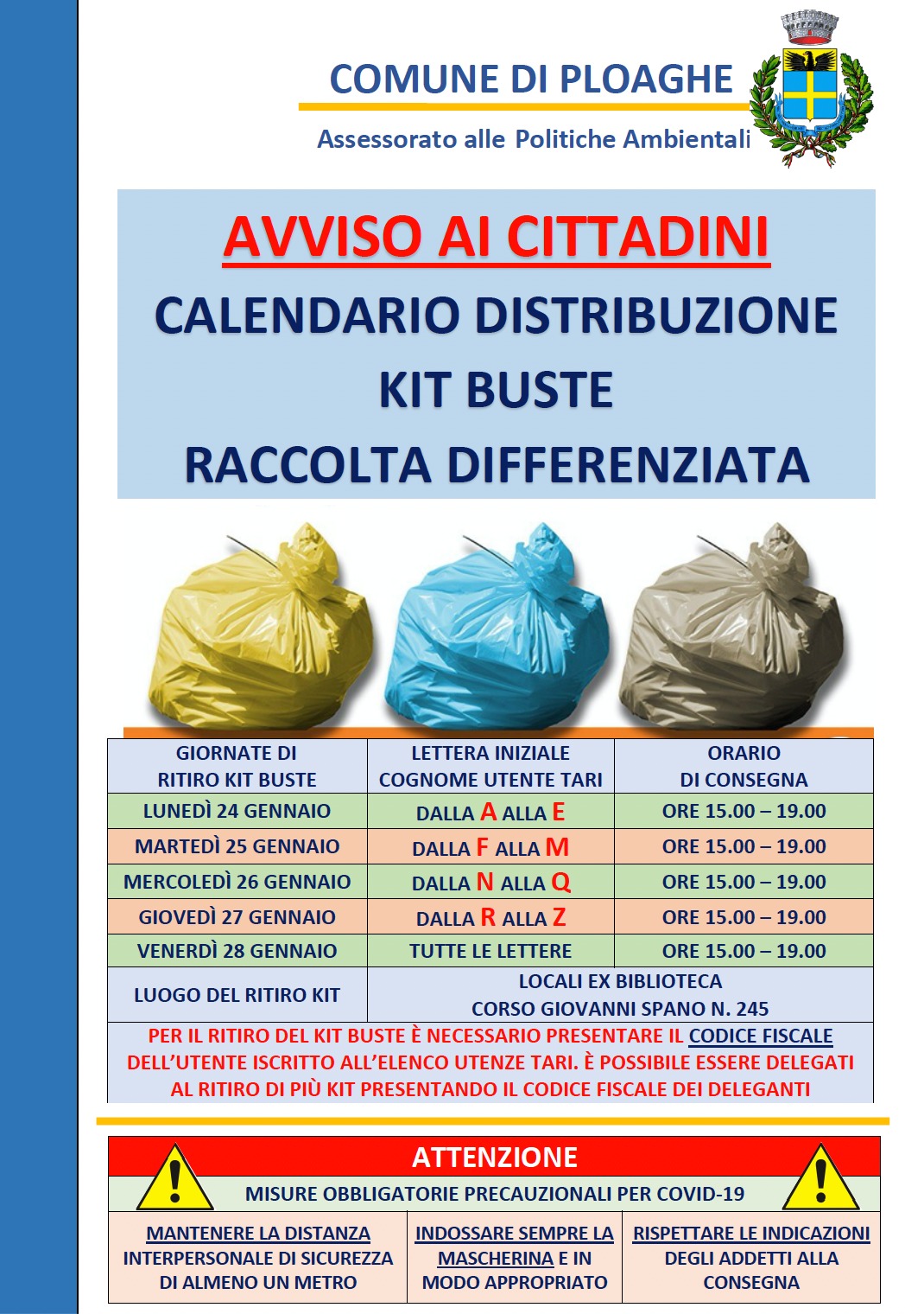 Avviso raccolta differenziata: calendario distribuzione kit buste