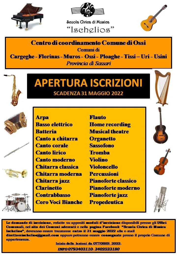 Iscrizioni Scuola Civica di musica "Ischelios" a.s. 2022/2023