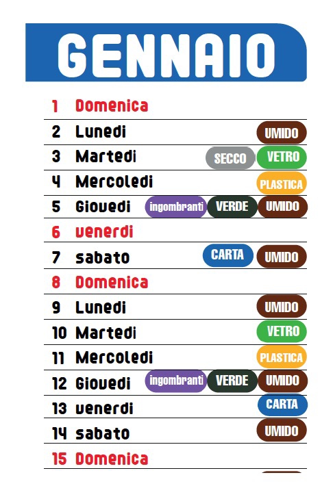 Calendario raccolta differenziata dal 1 gennaio al 15 gennaio 2023