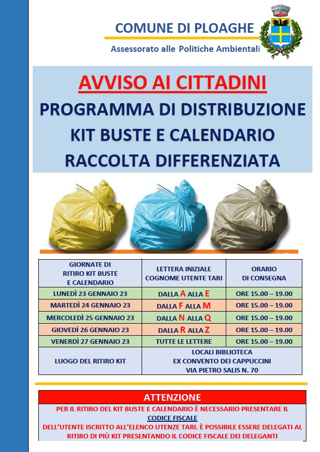 Avviso: distribuzione kit buste e calendario raccolta differenziata