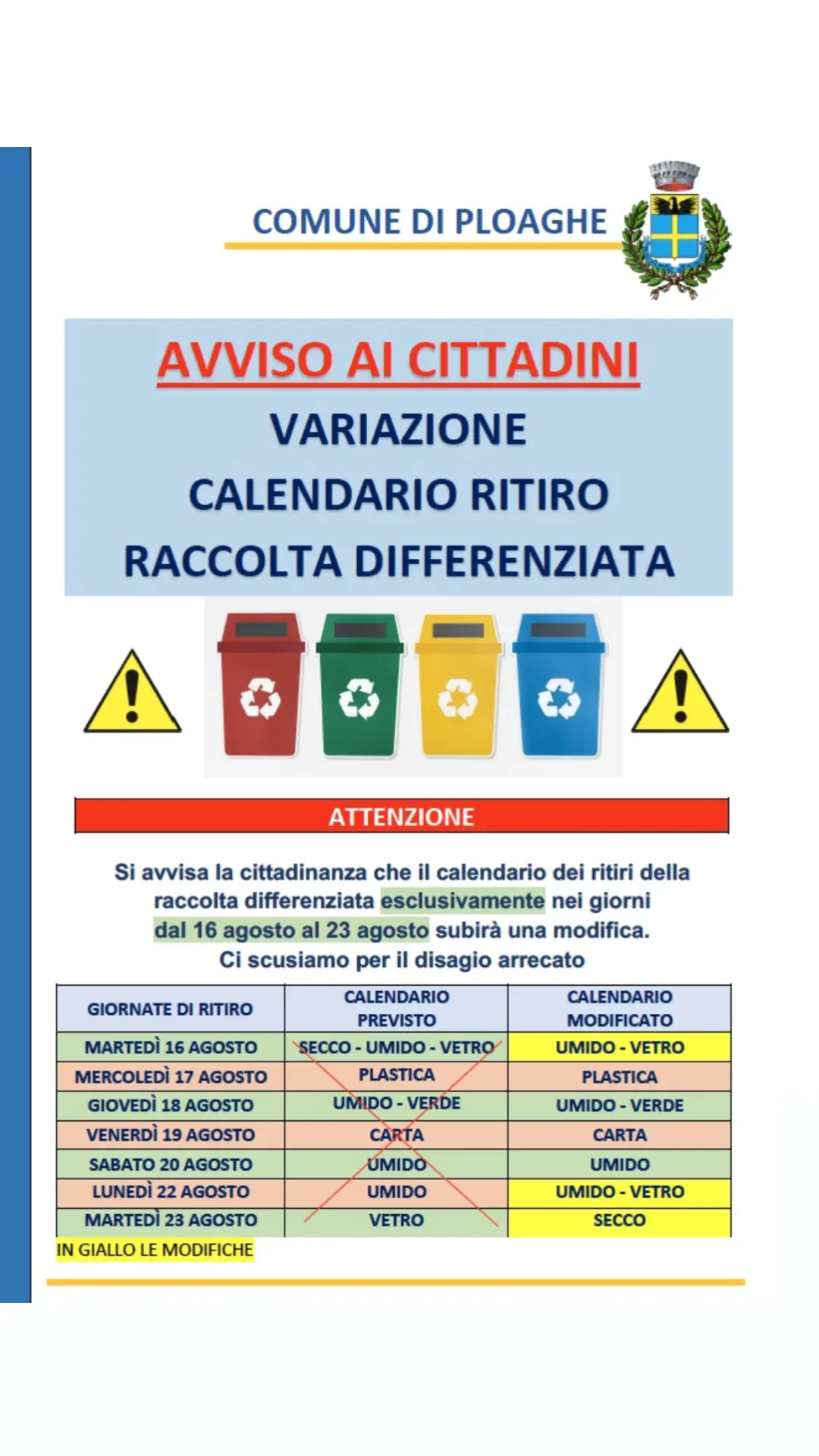 Avviso raccolta differenziata: variazione calendario ritiro rifiuti dal 16 al 23 agosto