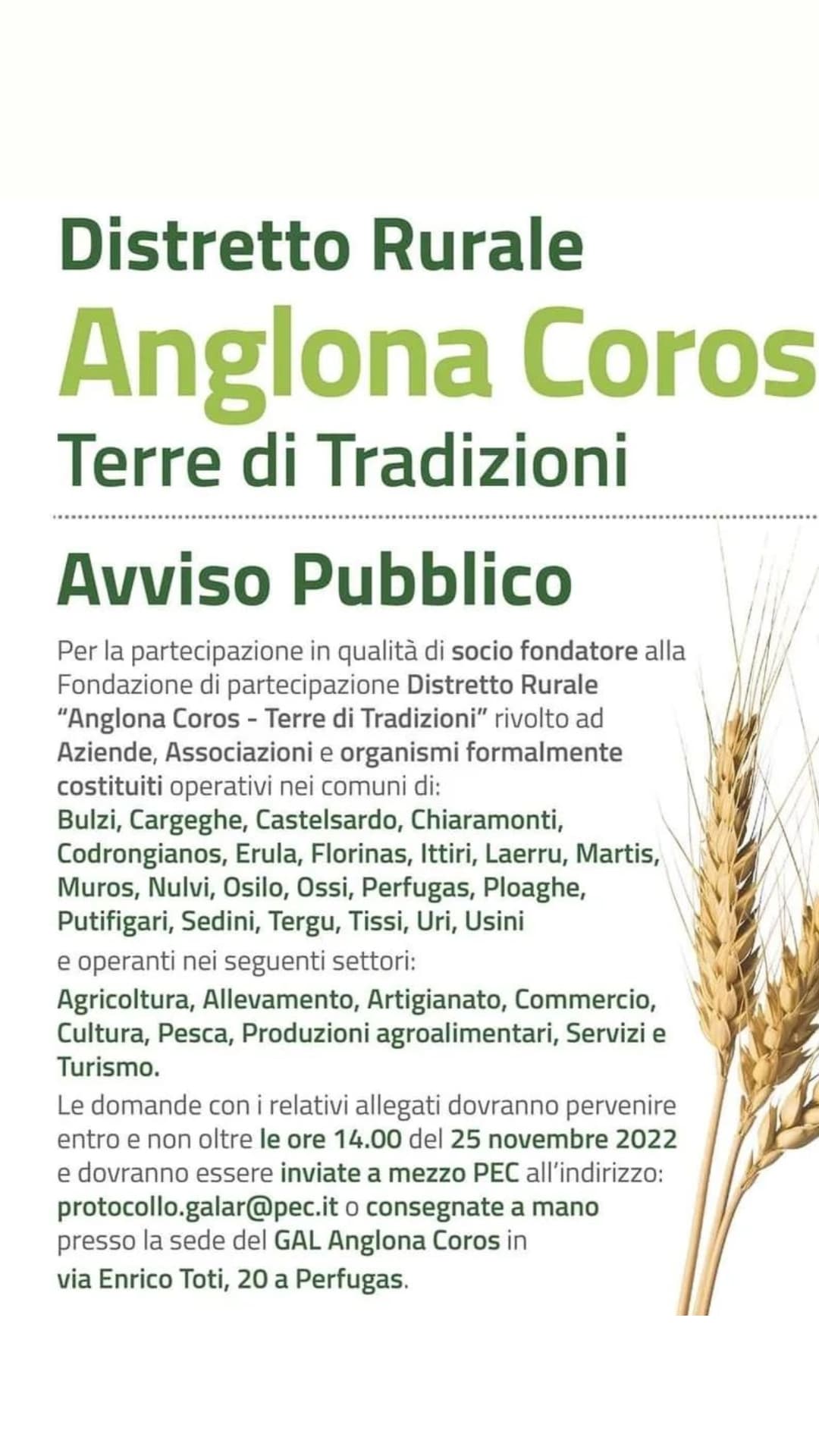 Avviso pubblico: domanda di adesione al Distretto Rurale Anglona Coros - Terre di tradizioni