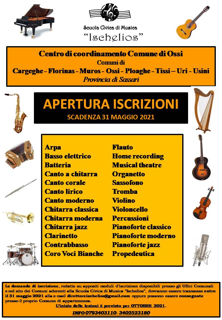 Iscrizioni Scuola Civica di Musica "Ischelios" anno 2021/2022
